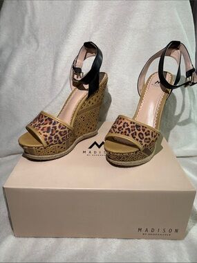 Madison Leopard-Print Wedge Sandals in Tan and Black